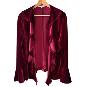 Beautiful Notations XL Burgundy Velvet Open Front Ruffle Cardigan Bell Sleeve